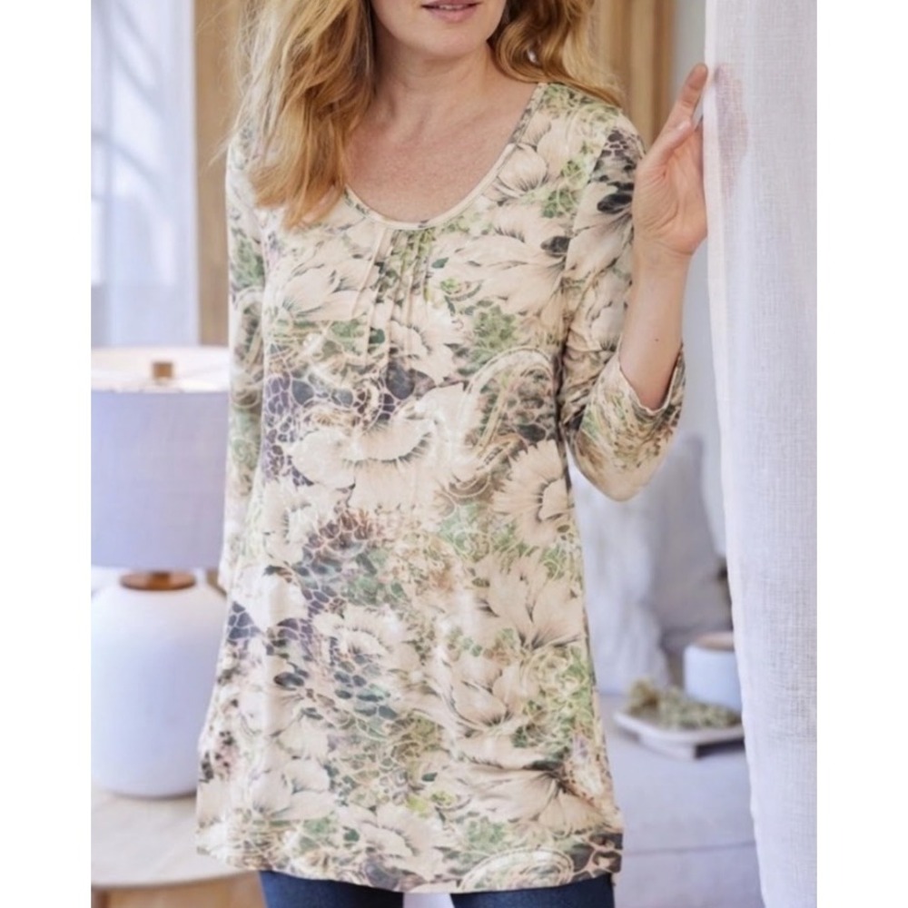 New Soft Surroundings Tunic 1X Abstract Print 3/4 Sleeve Scoop Neck Stretch Knit